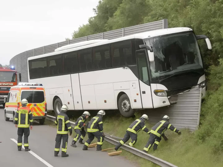 Bus kracht auf A93 durch Lärmschutzwand