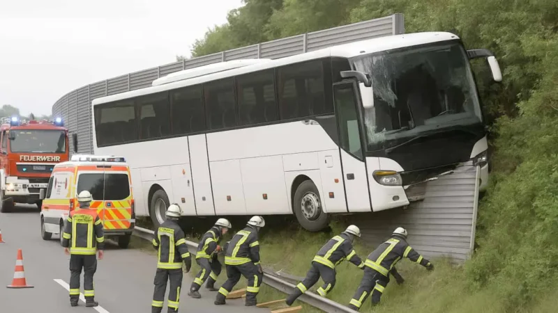 Bus kracht auf A93 durch Lärmschutzwand