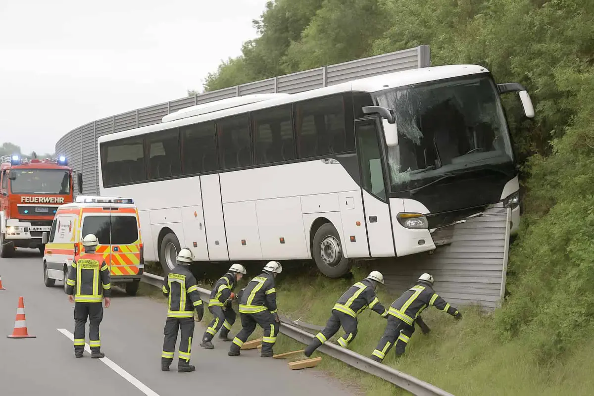 Bus kracht auf A93 durch Lärmschutzwand