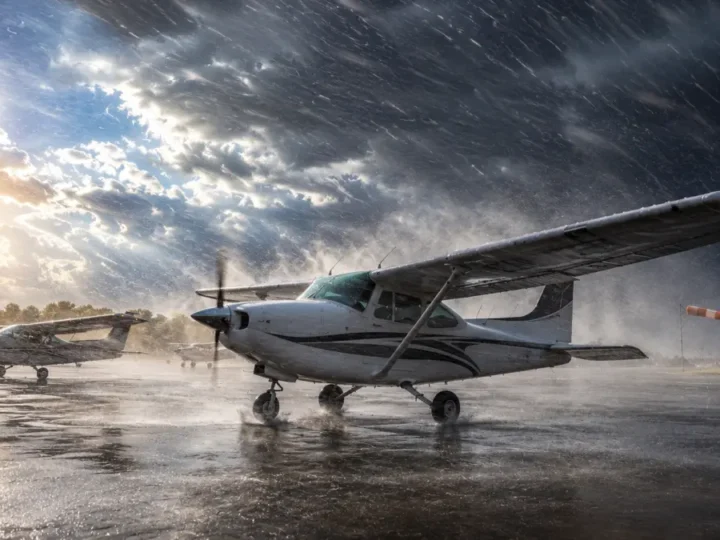 Sturm bewegt Flugzeuge am Flughafen Forlì