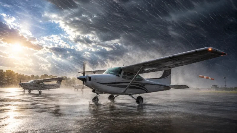 Sturm bewegt Flugzeuge am Flughafen Forlì
